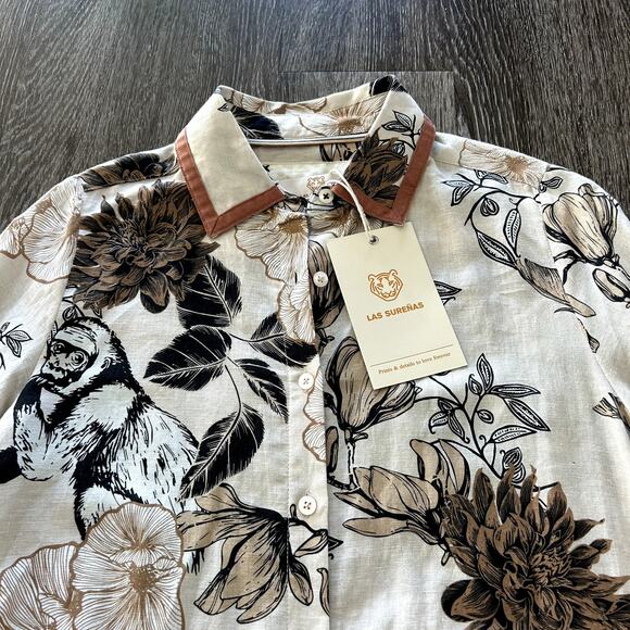 NWT Las Sureñas Clara Portrait Linen Shirt Dress Linen Cotton Animal Floral Sz S - Picture 11 of 16